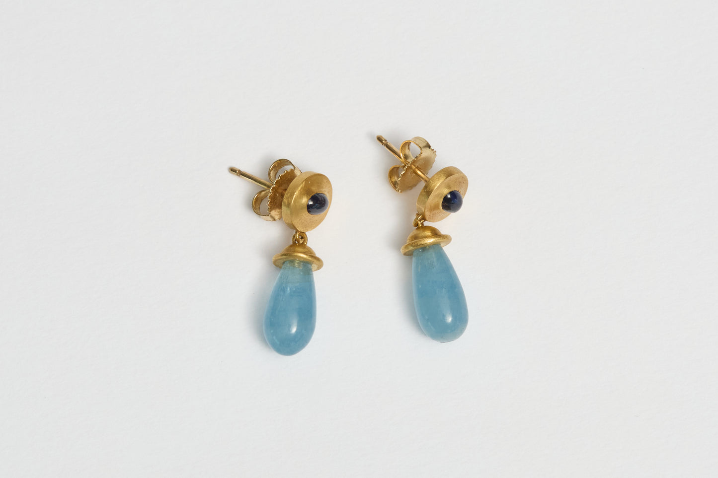 Prounis Alabaster Earrings | Blue Sapphire with Aquamarine Pendant 22ct Gold