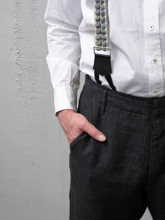 Geoffrey B. Small Men's 1940s Suspender Trouser in 'Armageddon' Wool & Linen Plaid