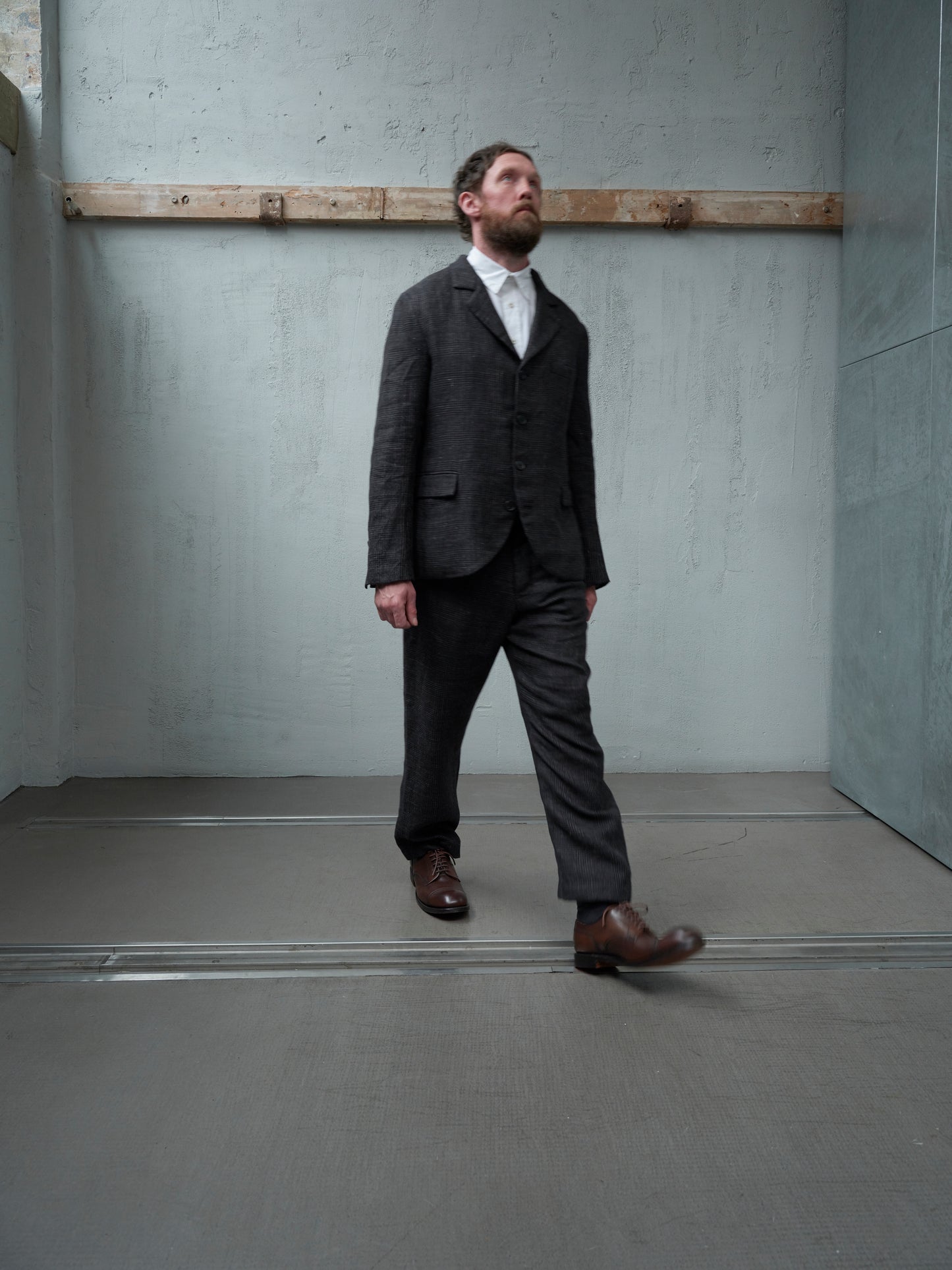 Geoffrey B. Small Men's 1940s Suspender Trouser in 'Armageddon' Wool & Linen Plaid