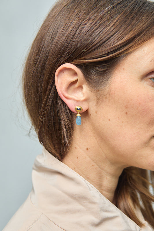 Prounis Alabaster Earrings | Blue Sapphire with Aquamarine Pendant 22ct Gold